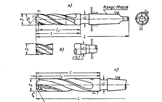 Рис.1 Зенкер цельный с коническим хвостовиком: а) для сквозных отверстий, в) для глухих отверстий, с) с твердосплавными пластинами