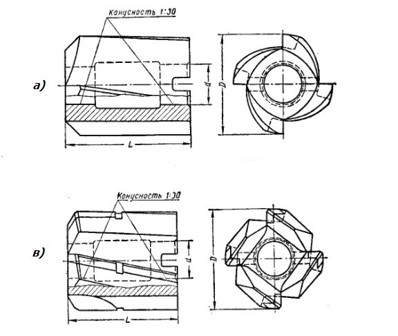 Рис.2 Зенкер насадной: а) цельный, в) с твердосплавными пластинами