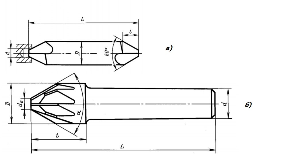 Рис.3. Конические зенковки: а) центровочная 2-го типа, б) для конических опорных поверхностей. 